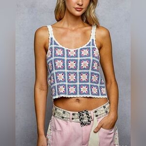 POL Blue Crochet Floral Square Crop Tank